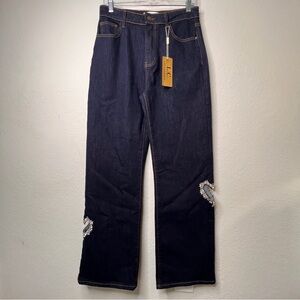 Lizette Collection Wide Leg Stretch Rhinestone Heart Cutout Jeans XL Rinse Blue